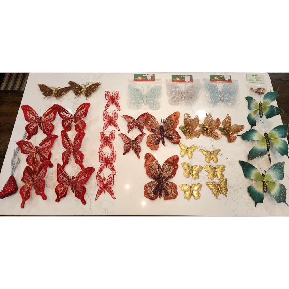 Lot of 34  BUTTERFLY & BIRD Ornament Decor Glitter Beaded Sequin Jewel
